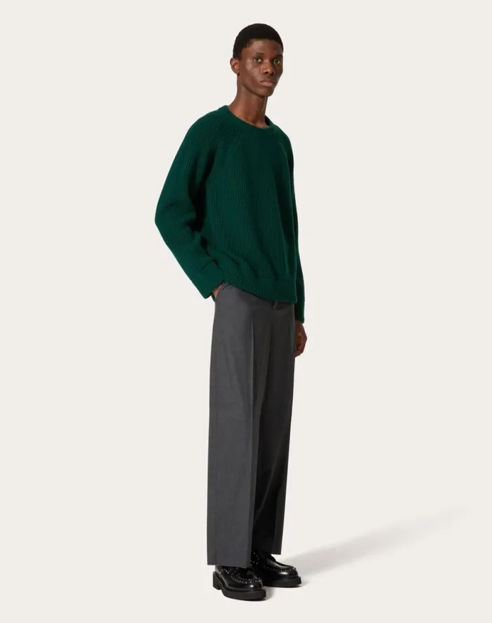 Valentino Knitwear Man Wool Crewneck Sweater For Man In Dark Green Dark Green