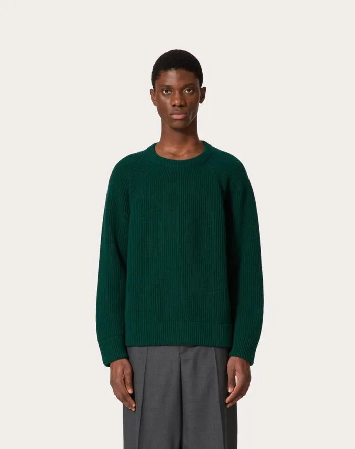 Valentino Knitwear Man Wool Crewneck Sweater For Man In Dark Green Dark Green