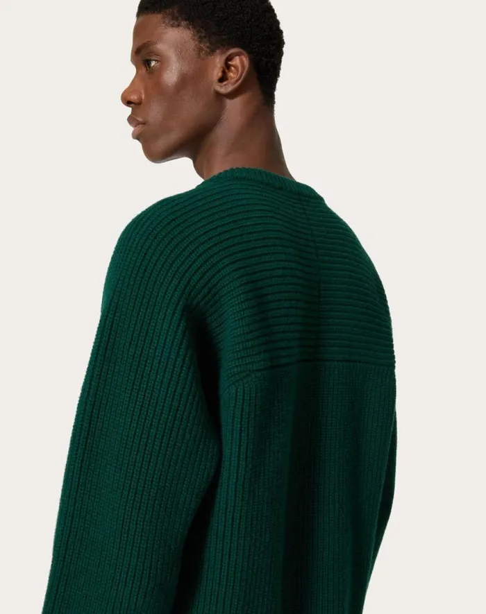 Valentino Knitwear Man Wool Crewneck Sweater For Man In Dark Green Dark Green