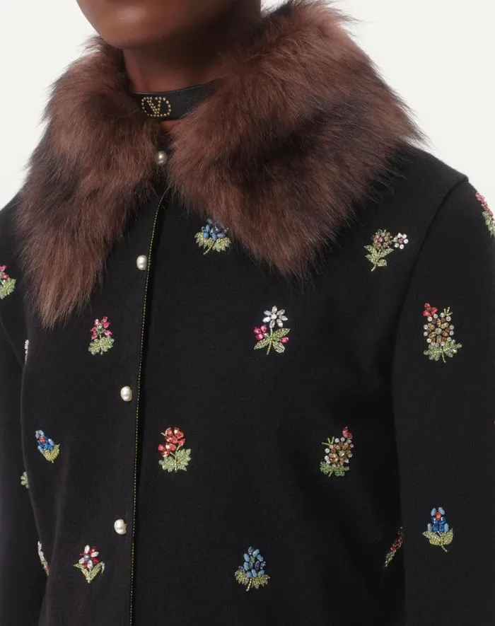 Valentino Knitwear Woman Embroidered Wool Cardigan For Woman In Black Black Valentino Knitwear Woman Embroidered Wool Cardigan For Woman In Black Black