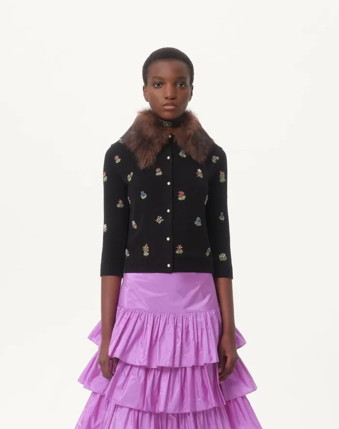 Valentino Knitwear Woman Embroidered Wool Cardigan For Woman In Black Black Valentino Knitwear Woman Embroidered Wool Cardigan For Woman In Black Black