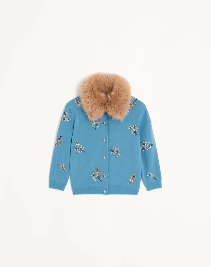 Valentino Knitwear Woman Embroidered Wool Cardigan For Woman In Celestial Blue Celestial Blue Valentino Knitwear Woman Embroidered Wool Cardigan For Woman In Celestial Blue Celestial Blue