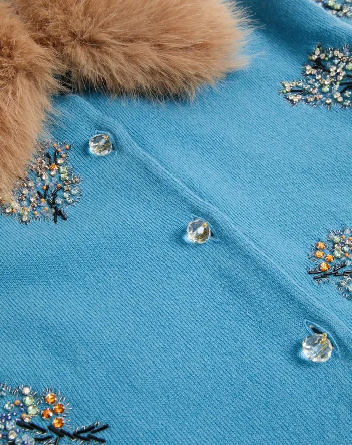Valentino Knitwear Woman Embroidered Wool Cardigan For Woman In Celestial Blue Celestial Blue