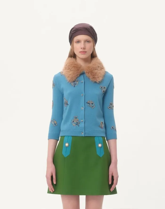 Valentino Knitwear Woman Embroidered Wool Cardigan For Woman In Celestial Blue Celestial Blue