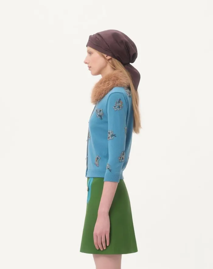 Valentino Knitwear Woman Embroidered Wool Cardigan For Woman In Celestial Blue Celestial Blue
