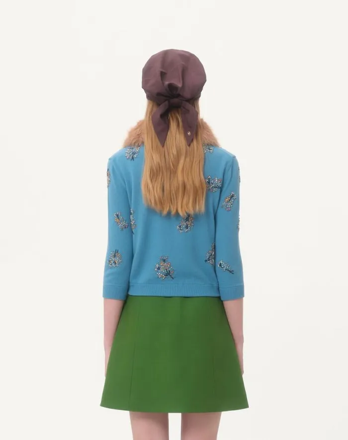 Valentino Knitwear Woman Embroidered Wool Cardigan For Woman In Celestial Blue Celestial Blue