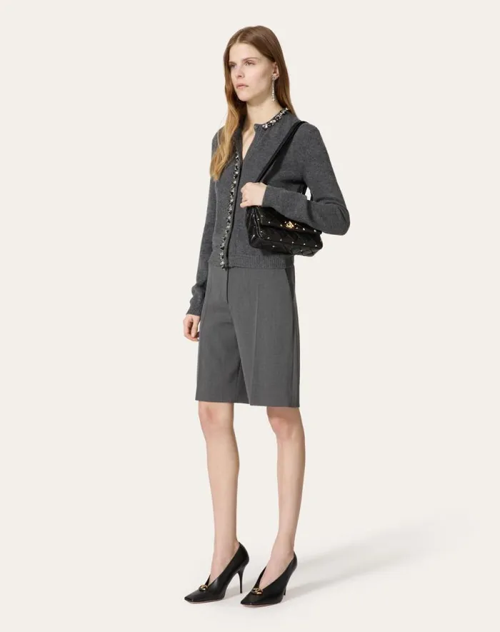 Valentino Knitwear Woman Embroidered Wool Cardigan For Woman In Dark Grey Dark Grey