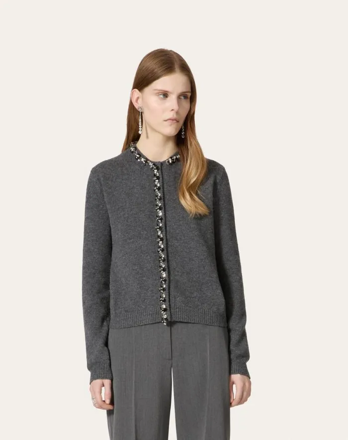 Valentino Knitwear Woman Embroidered Wool Cardigan For Woman In Dark Grey Dark Grey