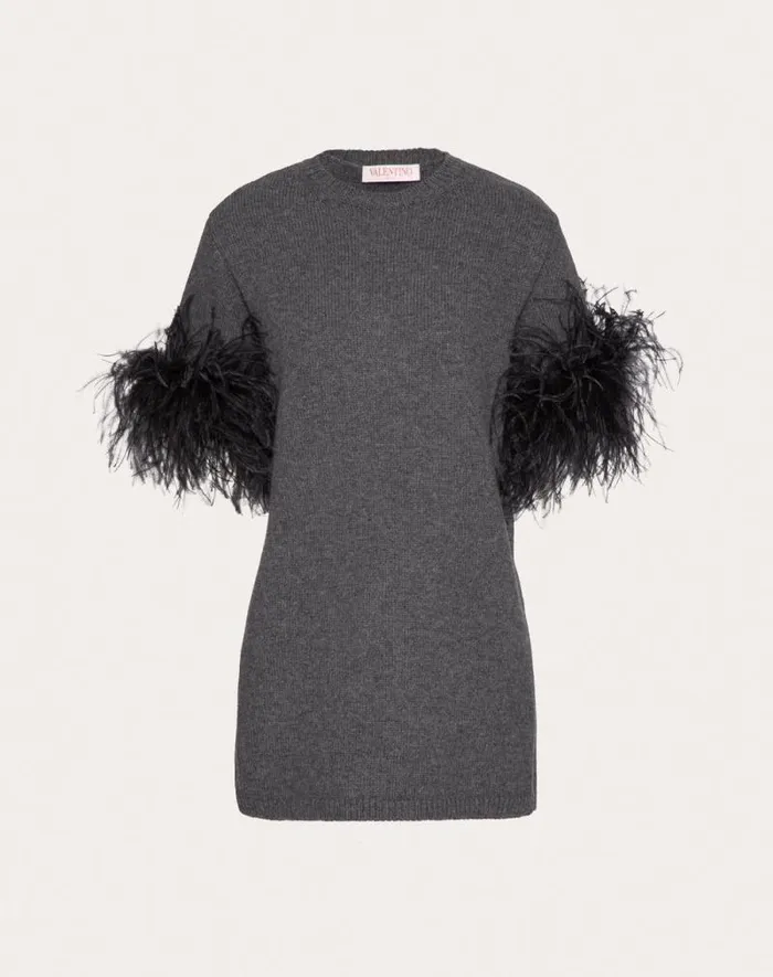 Valentino Knitwear Woman Wool Sweater With Feathers For Woman In Dark Grey Dark Grey