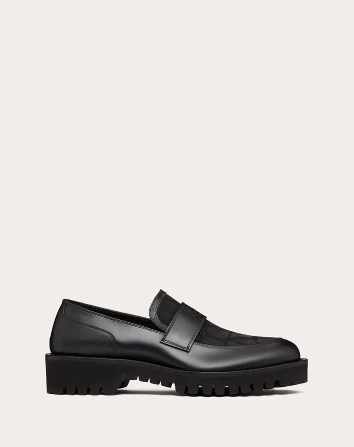 Valentino Laceups And Loafers Man Loafer In Toile Iconographe Technical Fabric And Calfskin For Man In Black Black Valentino Laceups And Loafers Man Loafer In Toile Iconographe Technical Fabric And Calfskin For Man In Black Black
