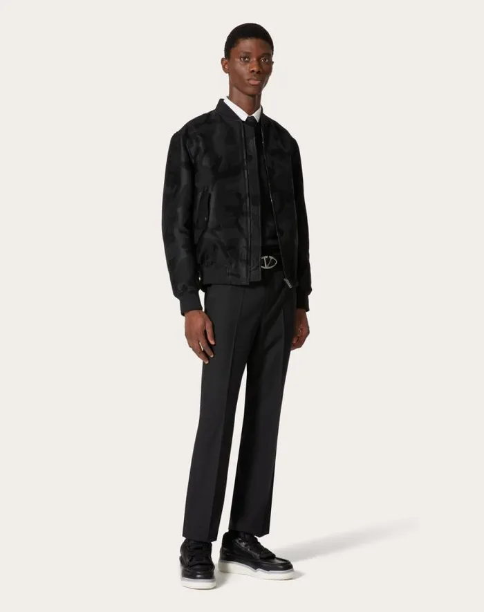 Valentino Outerwear Man Cotton Blend Bomber Jacket With Allover Camounoir Pattern For Man In Black Black Valentino Outerwear Man Cotton Blend Bomber Jacket With Allover Camounoir Pattern For Man In Black Black