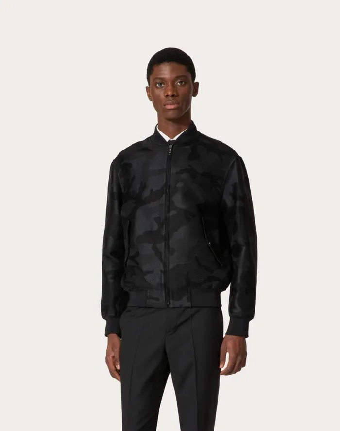 Valentino Outerwear Man Cotton Blend Bomber Jacket With Allover Camounoir Pattern For Man In Black Black Valentino Outerwear Man Cotton Blend Bomber Jacket With Allover Camounoir Pattern For Man In Black Black