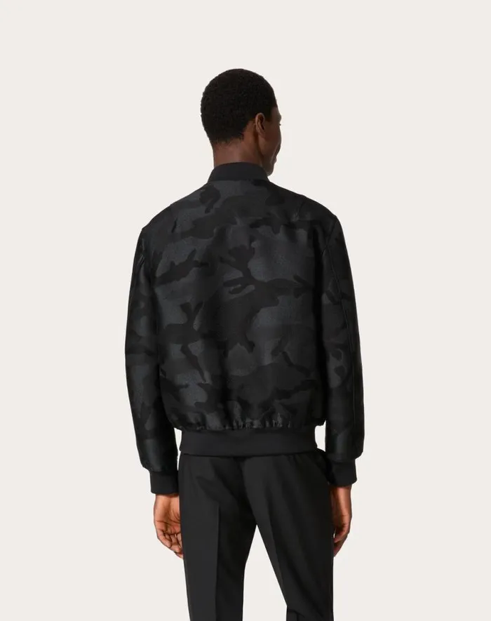 Valentino Outerwear Man Cotton Blend Bomber Jacket With Allover Camounoir Pattern For Man In Black Black Valentino Outerwear Man Cotton Blend Bomber Jacket With Allover Camounoir Pattern For Man In Black Black