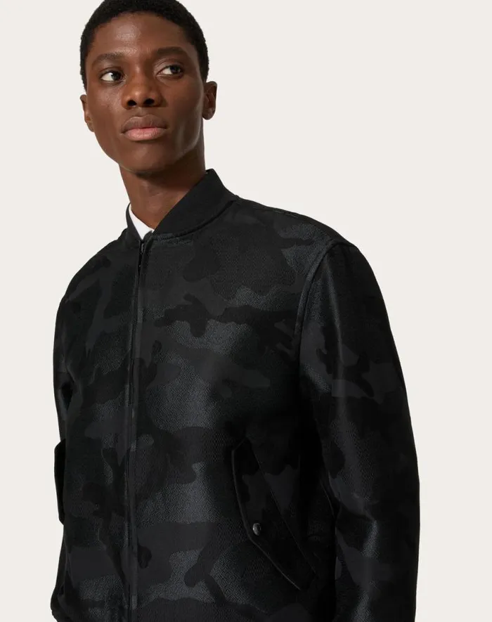 Valentino Outerwear Man Cotton Blend Bomber Jacket With Allover Camounoir Pattern For Man In Black Black Valentino Outerwear Man Cotton Blend Bomber Jacket With Allover Camounoir Pattern For Man In Black Black
