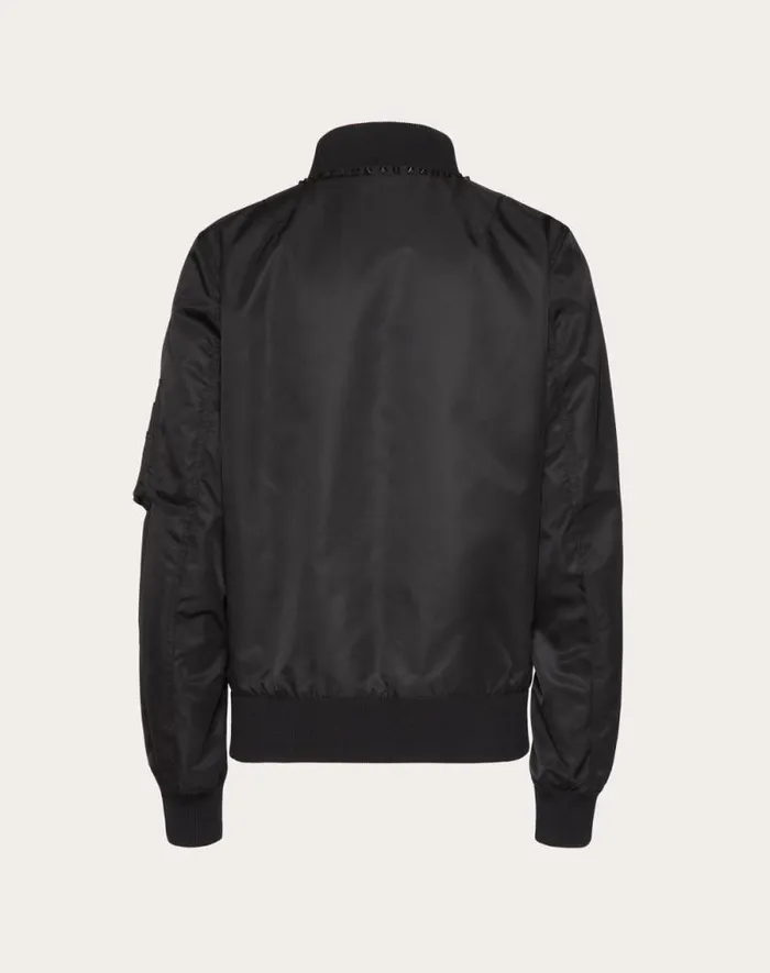 Valentino Outerwear Man Nylon Bomber Jacket With Black Untitled Studs On The Neckline For Man In Black Black