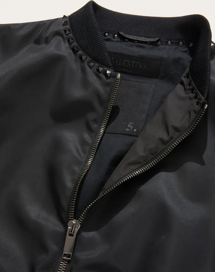 Valentino Outerwear Man Nylon Bomber Jacket With Black Untitled Studs On The Neckline For Man In Black Black