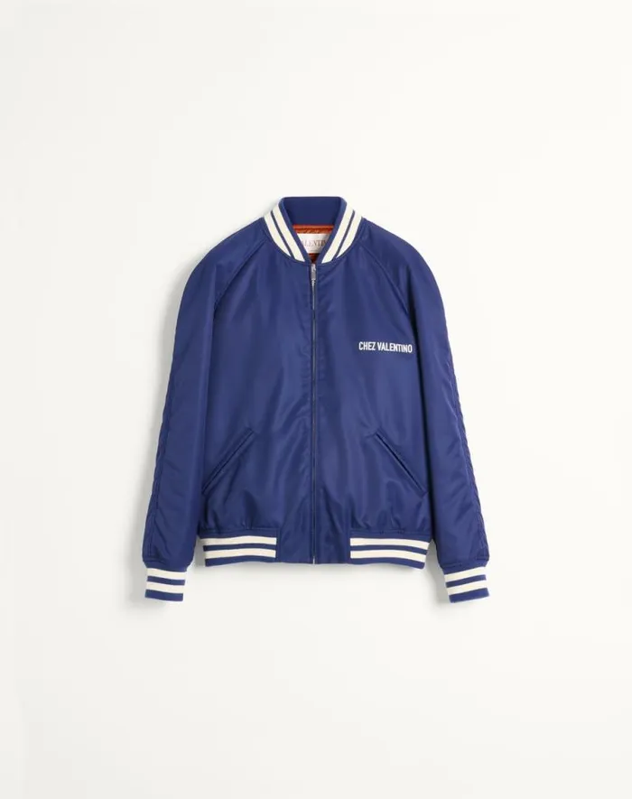 Valentino Outerwear Man Nylon Bomber Jacket With Chez Valentino Print For Man In Cobaltwhite Cobaltwhite