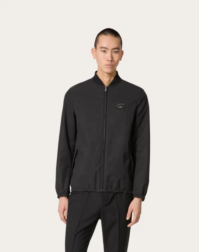 Valentino Outerwear Man Nylon Jacket With Leather Patch And Vlogo Signature For Man In Black Black Valentino Outerwear Man Nylon Jacket With Leather Patch And Vlogo Signature For Man In Black Black