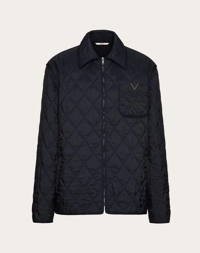 Valentino Outerwear Man Quilted Nylon Shirt Jacket With Metallic V Detail For Man In Navy Navy Valentino Outerwear Man Quilted Nylon Shirt Jacket With Metallic V Detail For Man In Navy Navy