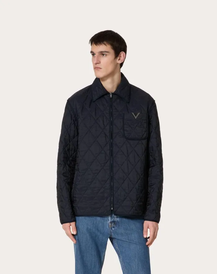 Valentino Outerwear Man Quilted Nylon Shirt Jacket With Metallic V Detail For Man In Navy Navy Valentino Outerwear Man Quilted Nylon Shirt Jacket With Metallic V Detail For Man In Navy Navy