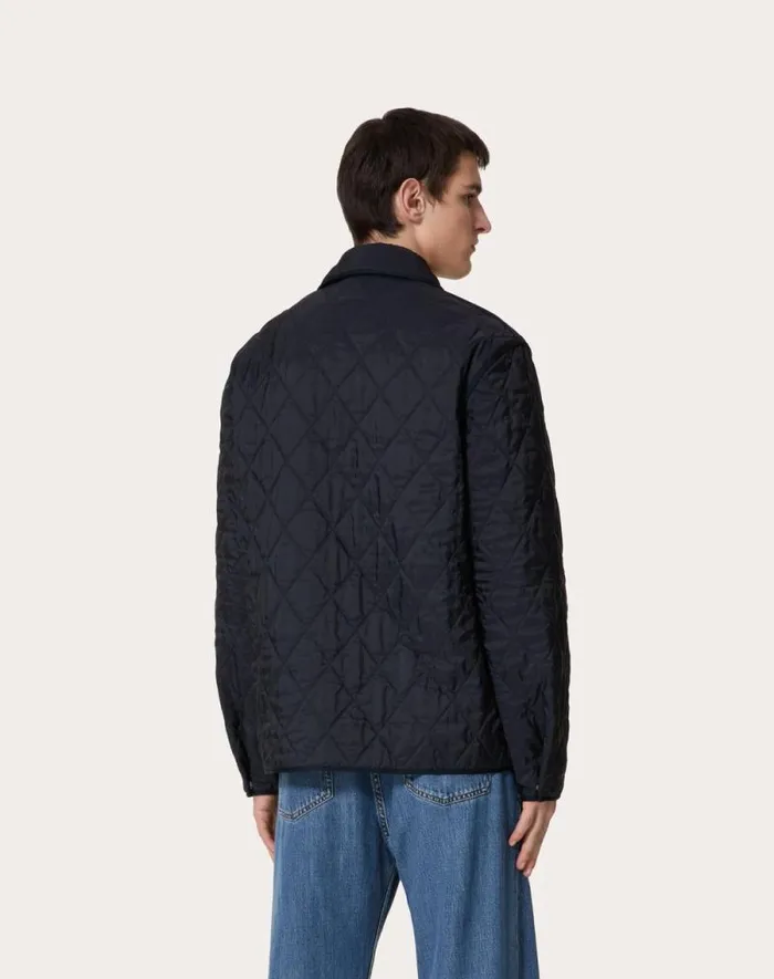 Valentino Outerwear Man Quilted Nylon Shirt Jacket With Metallic V Detail For Man In Navy Navy Valentino Outerwear Man Quilted Nylon Shirt Jacket With Metallic V Detail For Man In Navy Navy
