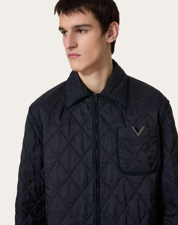 Valentino Outerwear Man Quilted Nylon Shirt Jacket With Metallic V Detail For Man In Navy Navy Valentino Outerwear Man Quilted Nylon Shirt Jacket With Metallic V Detail For Man In Navy Navy