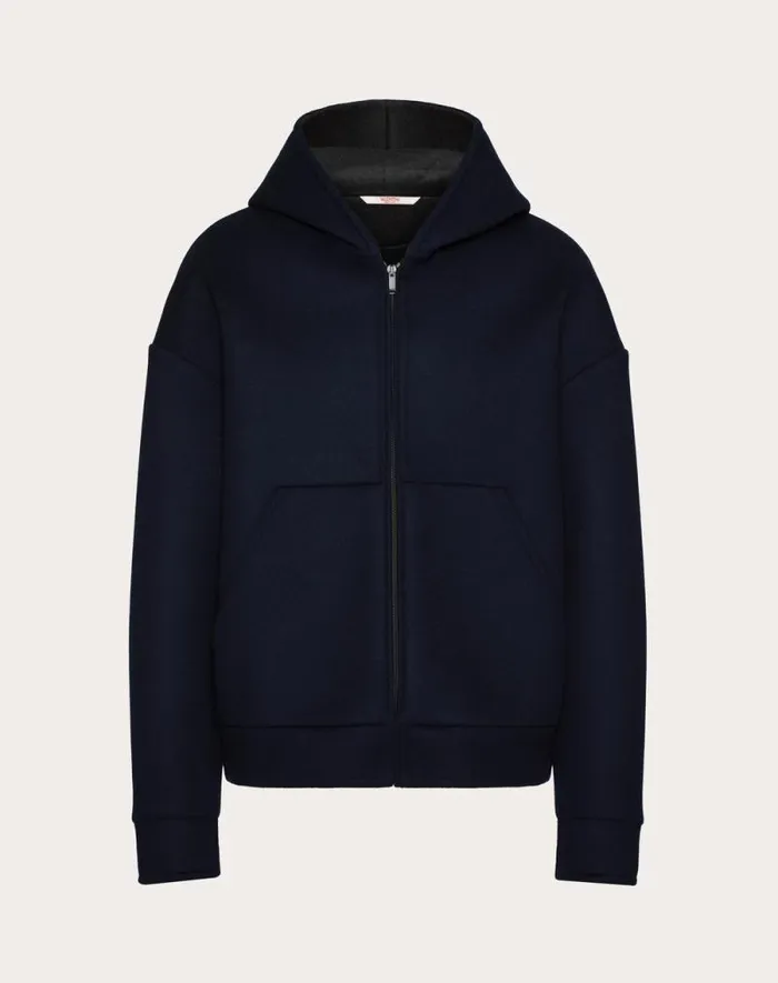 Valentino Outerwear Man Wool And Cashmere Hooded Sweatshirt For Man In Navy Navy Valentino Outerwear Man Wool And Cashmere Hooded Sweatshirt For Man In Navy Navy