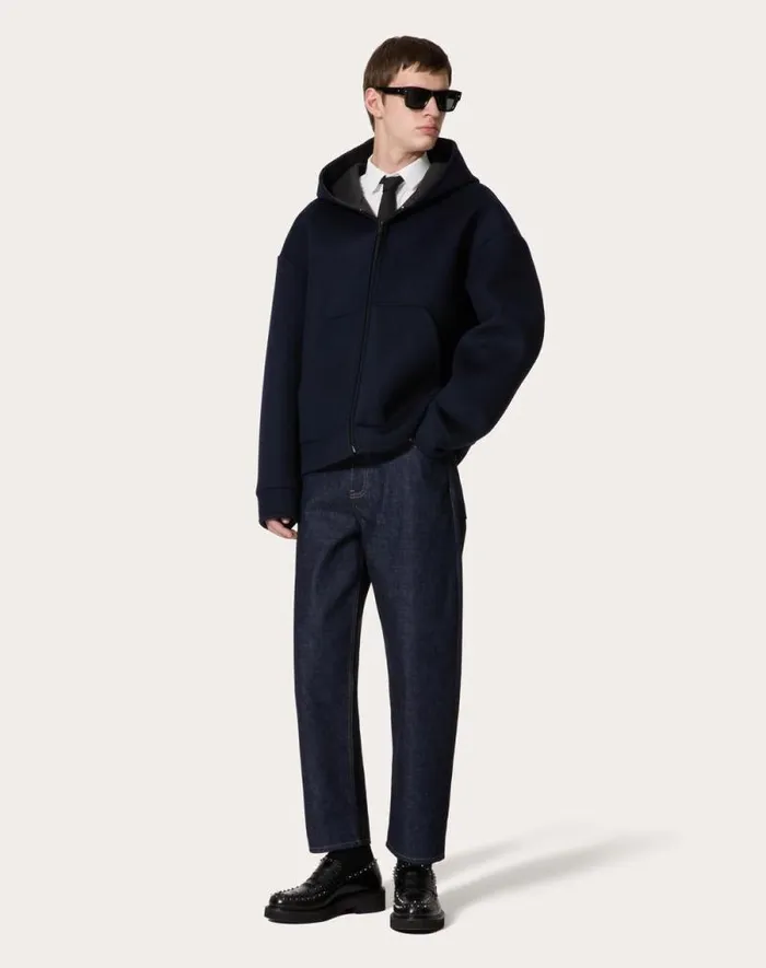 Valentino Outerwear Man Wool And Cashmere Hooded Sweatshirt For Man In Navy Navy Valentino Outerwear Man Wool And Cashmere Hooded Sweatshirt For Man In Navy Navy