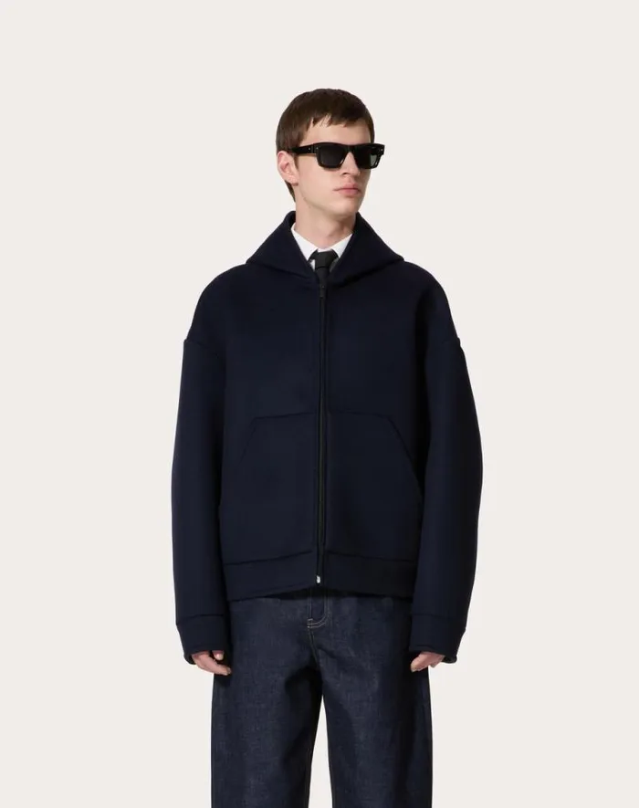 Valentino Outerwear Man Wool And Cashmere Hooded Sweatshirt For Man In Navy Navy Valentino Outerwear Man Wool And Cashmere Hooded Sweatshirt For Man In Navy Navy
