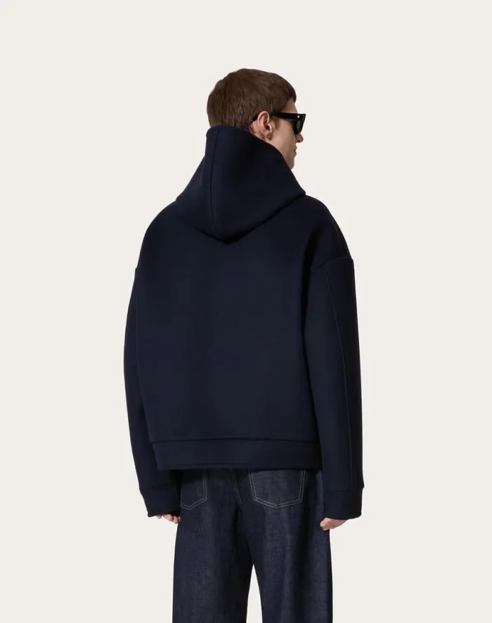 Valentino Outerwear Man Wool And Cashmere Hooded Sweatshirt For Man In Navy Navy Valentino Outerwear Man Wool And Cashmere Hooded Sweatshirt For Man In Navy Navy