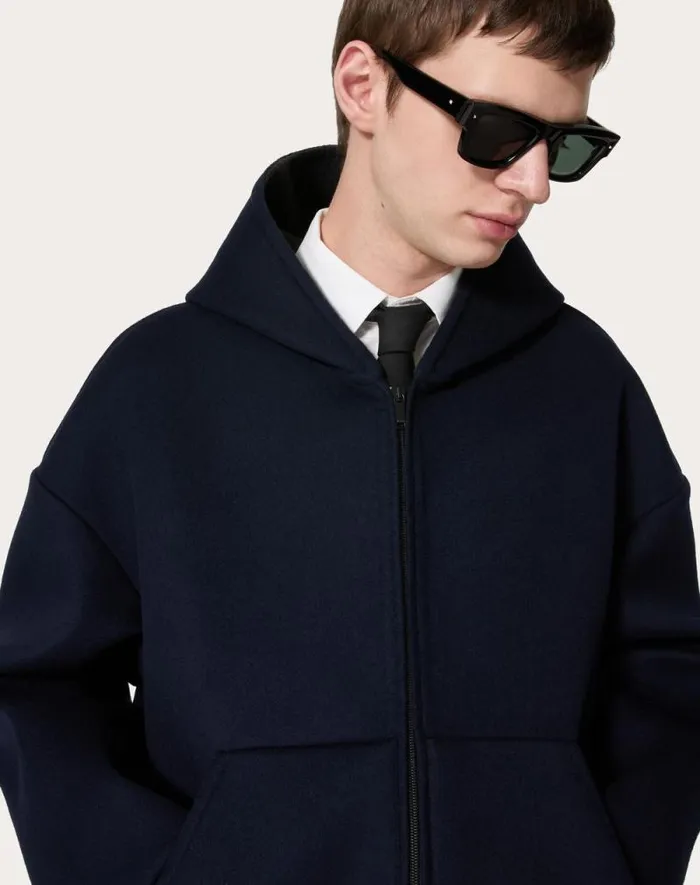 Valentino Outerwear Man Wool And Cashmere Hooded Sweatshirt For Man In Navy Navy Valentino Outerwear Man Wool And Cashmere Hooded Sweatshirt For Man In Navy Navy