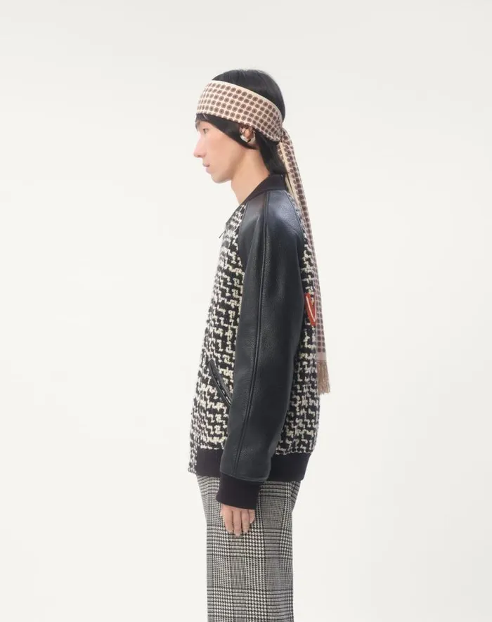 Valentino Outerwear Man Wool Tweed Bomber Jacket With Chez Valentino Patch For Man In Ivoryblack Ivoryblack Valentino Outerwear Man Wool Tweed Bomber Jacket With Chez Valentino Patch For Man In Ivoryblack Ivoryblack