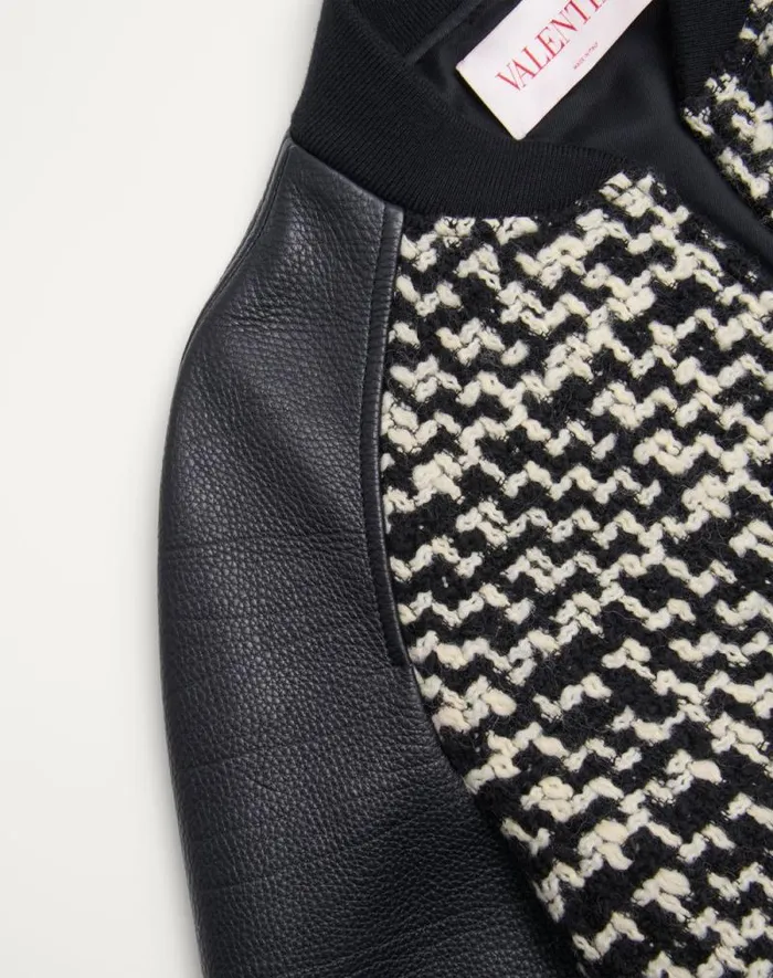 Valentino Outerwear Man Wool Tweed Bomber Jacket With Chez Valentino Patch For Man In Ivoryblack Ivoryblack Valentino Outerwear Man Wool Tweed Bomber Jacket With Chez Valentino Patch For Man In Ivoryblack Ivoryblack