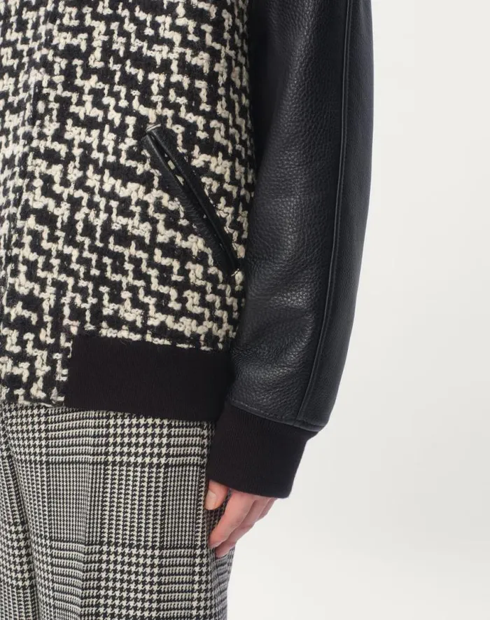 Valentino Outerwear Man Wool Tweed Bomber Jacket With Chez Valentino Patch For Man In Ivoryblack Ivoryblack Valentino Outerwear Man Wool Tweed Bomber Jacket With Chez Valentino Patch For Man In Ivoryblack Ivoryblack