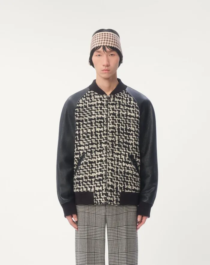 Valentino Outerwear Man Wool Tweed Bomber Jacket With Chez Valentino Patch For Man In Ivoryblack Ivoryblack Valentino Outerwear Man Wool Tweed Bomber Jacket With Chez Valentino Patch For Man In Ivoryblack Ivoryblack