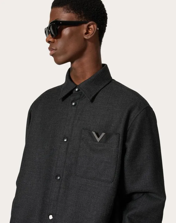 Valentino Outerwear Man Wool Tweed Overshirt With Metallic V Detail For Man In Blackanthracite Blackanthracite