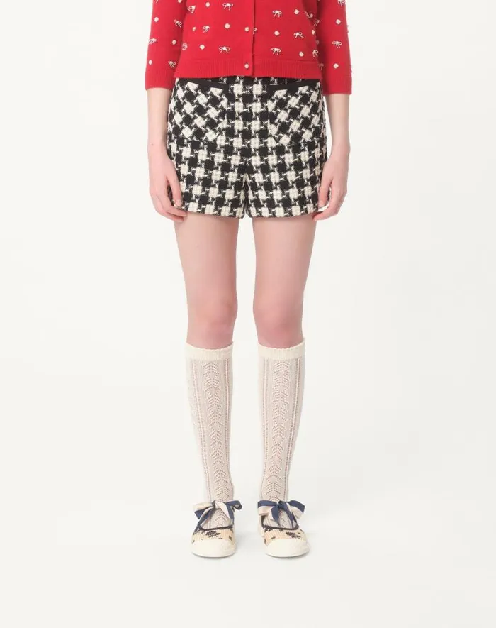 Valentino Pants And Shorts Woman Damier Light Tweed Shorts For Woman In Ivoryblack Ivoryblack Valentino Pants And Shorts Woman Damier Light Tweed Shorts For Woman In Ivoryblack Ivoryblack