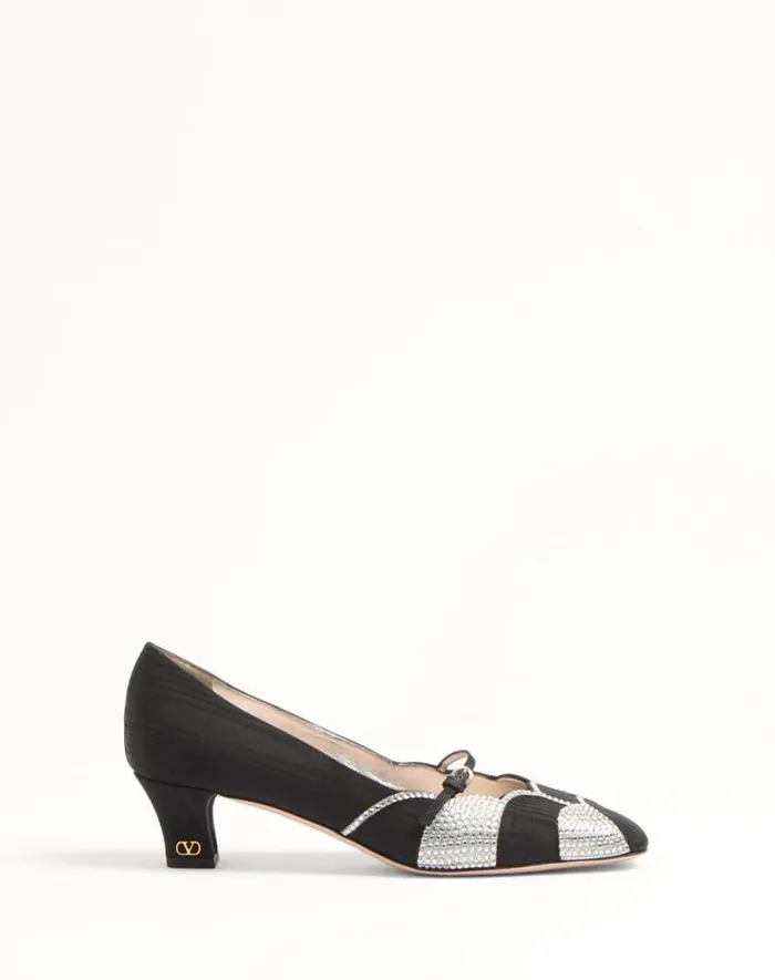 Valentino Pumps Woman Bowow Pumps In Moir Fabric With Crystals 45mm For Woman In Pinksilver Pinksilver