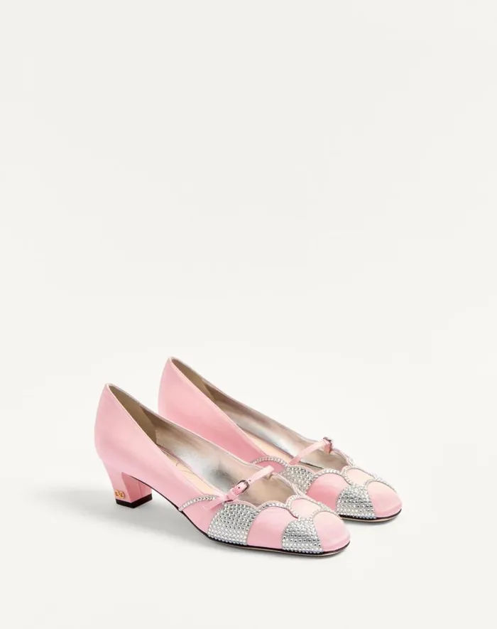 Valentino Pumps Woman Bowow Pumps In Moir Fabric With Crystals 45mm For Woman In Pinksilver Pinksilver Valentino Pumps Woman Bowow Pumps In Moir Fabric With Crystals 45mm For Woman In Pinksilver Pinksilver