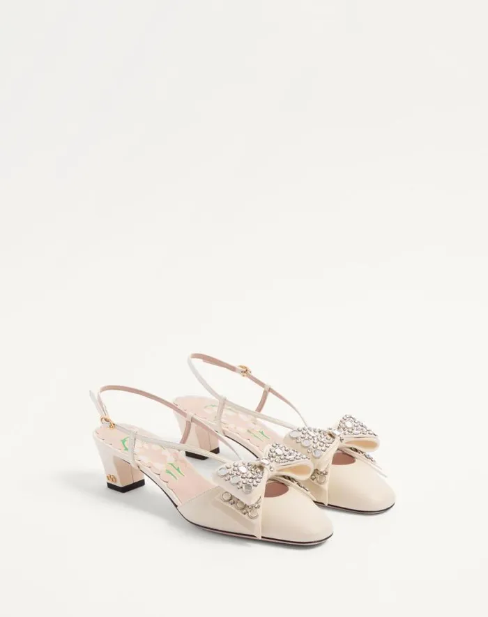 Valentino Pumps Woman Bowow Slingback Pumps In Kidskin With Mirrors And Crystals 45mm For Woman In Ivorysilver Ivorysilver