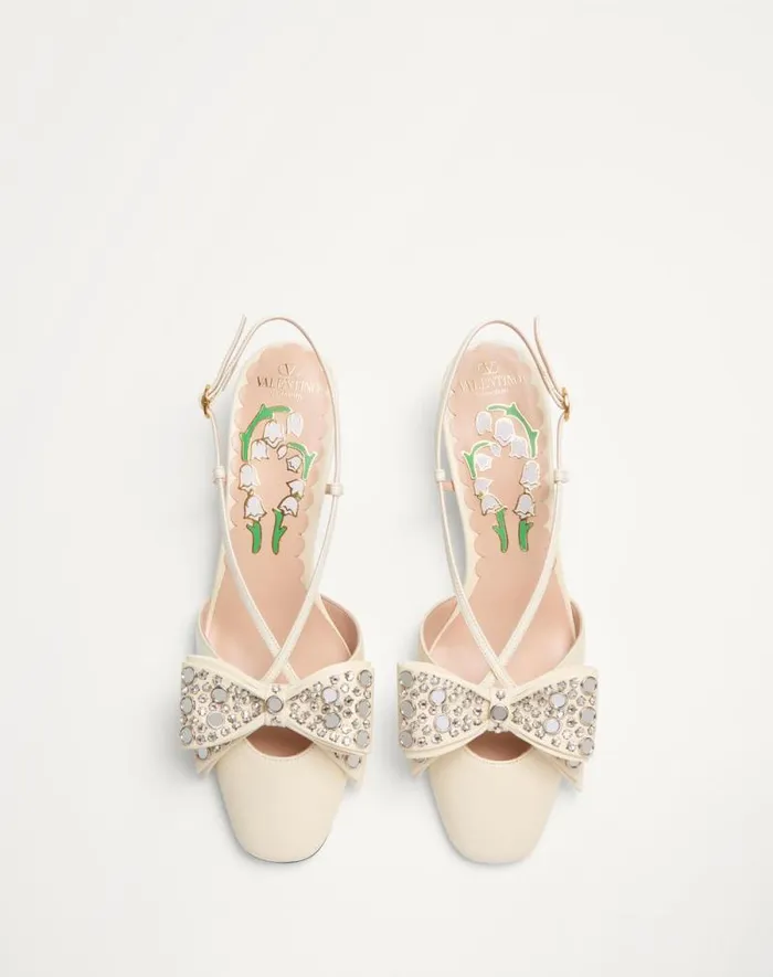 Valentino Pumps Woman Bowow Slingback Pumps In Kidskin With Mirrors And Crystals 45mm For Woman In Ivorysilver Ivorysilver