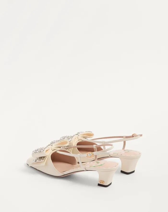 Valentino Pumps Woman Bowow Slingback Pumps In Kidskin With Mirrors And Crystals 45mm For Woman In Ivorysilver Ivorysilver