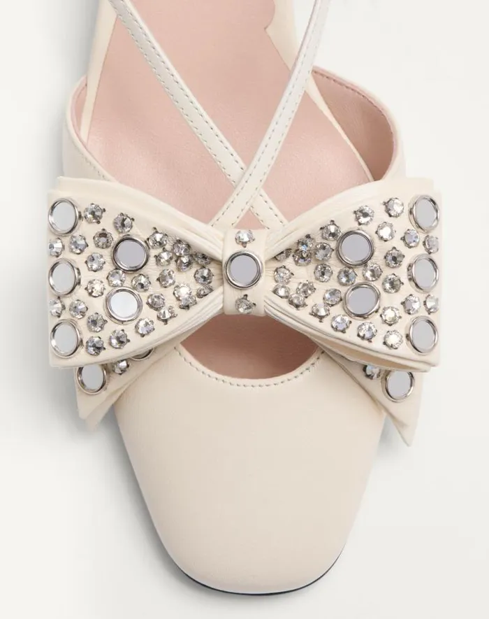 Valentino Pumps Woman Bowow Slingback Pumps In Kidskin With Mirrors And Crystals 45mm For Woman In Ivorysilver Ivorysilver