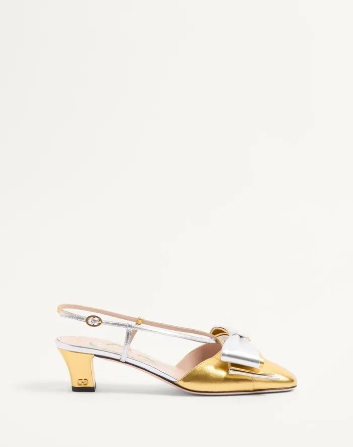 Valentino Pumps Woman Bowow Slingback Pumps In Laminated Nappa 45mm For Woman In Goldsilver Goldsilver