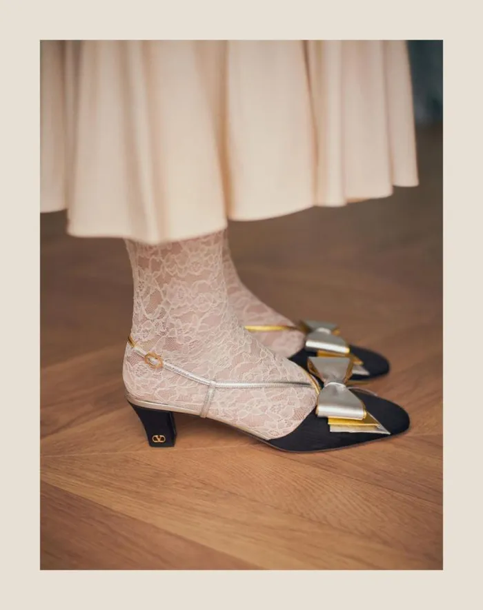 Valentino Pumps Woman Bowow Slingback Pumps In Moir Fabric 45mm For Woman In Pinksilver Pinksilver