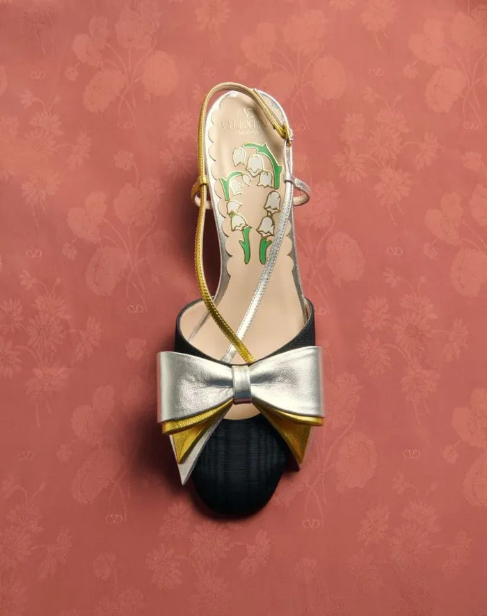 Valentino Pumps Woman Bowow Slingback Pumps In Moir Fabric 45mm For Woman In Pinksilver Pinksilver