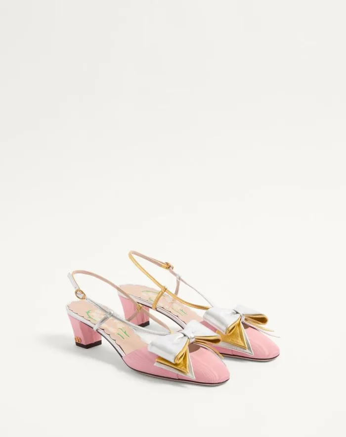 Valentino Pumps Woman Bowow Slingback Pumps In Moir Fabric 45mm For Woman In Pinksilver Pinksilver
