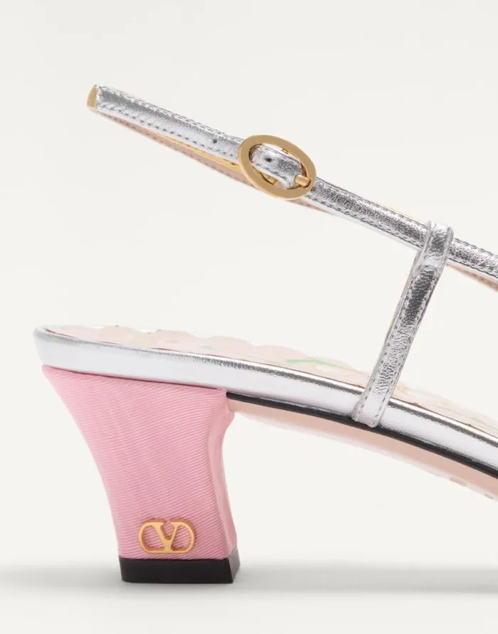 Valentino Pumps Woman Bowow Slingback Pumps In Moir Fabric 45mm For Woman In Pinksilver Pinksilver