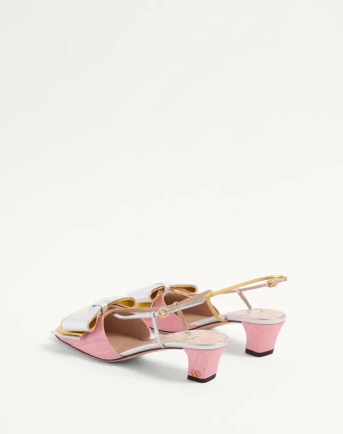 Valentino Pumps Woman Bowow Slingback Pumps In Moir Fabric 45mm For Woman In Pinksilver Pinksilver