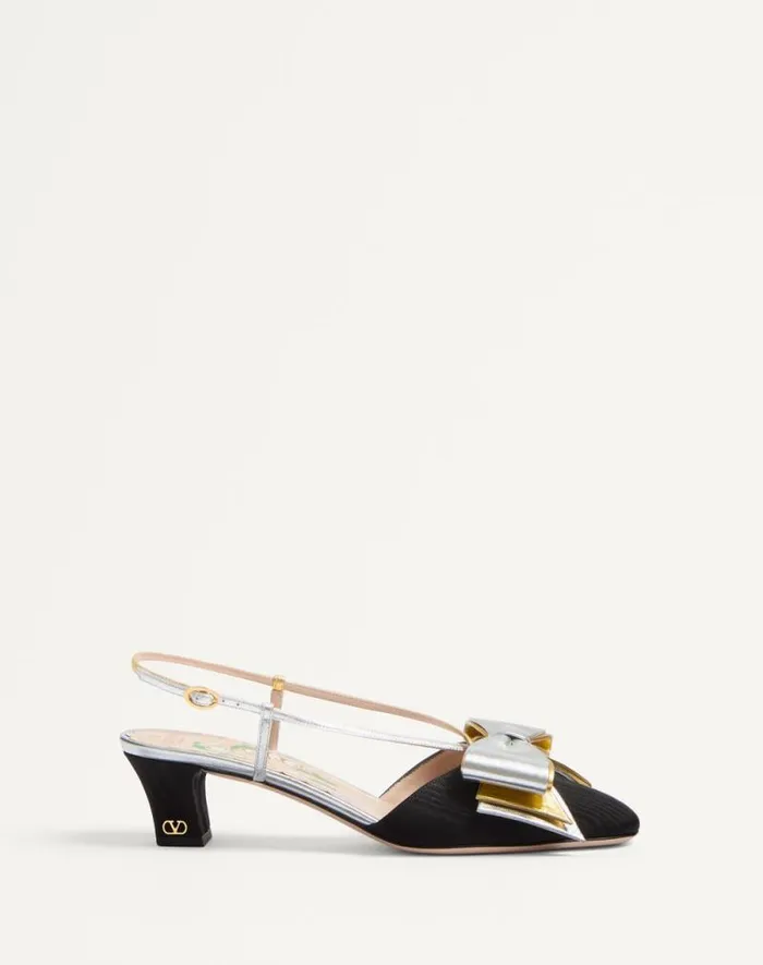 Valentino Pumps Woman Bowow Slingback Pumps In Moir Fabric 45mm For Woman In Pinksilver Pinksilver